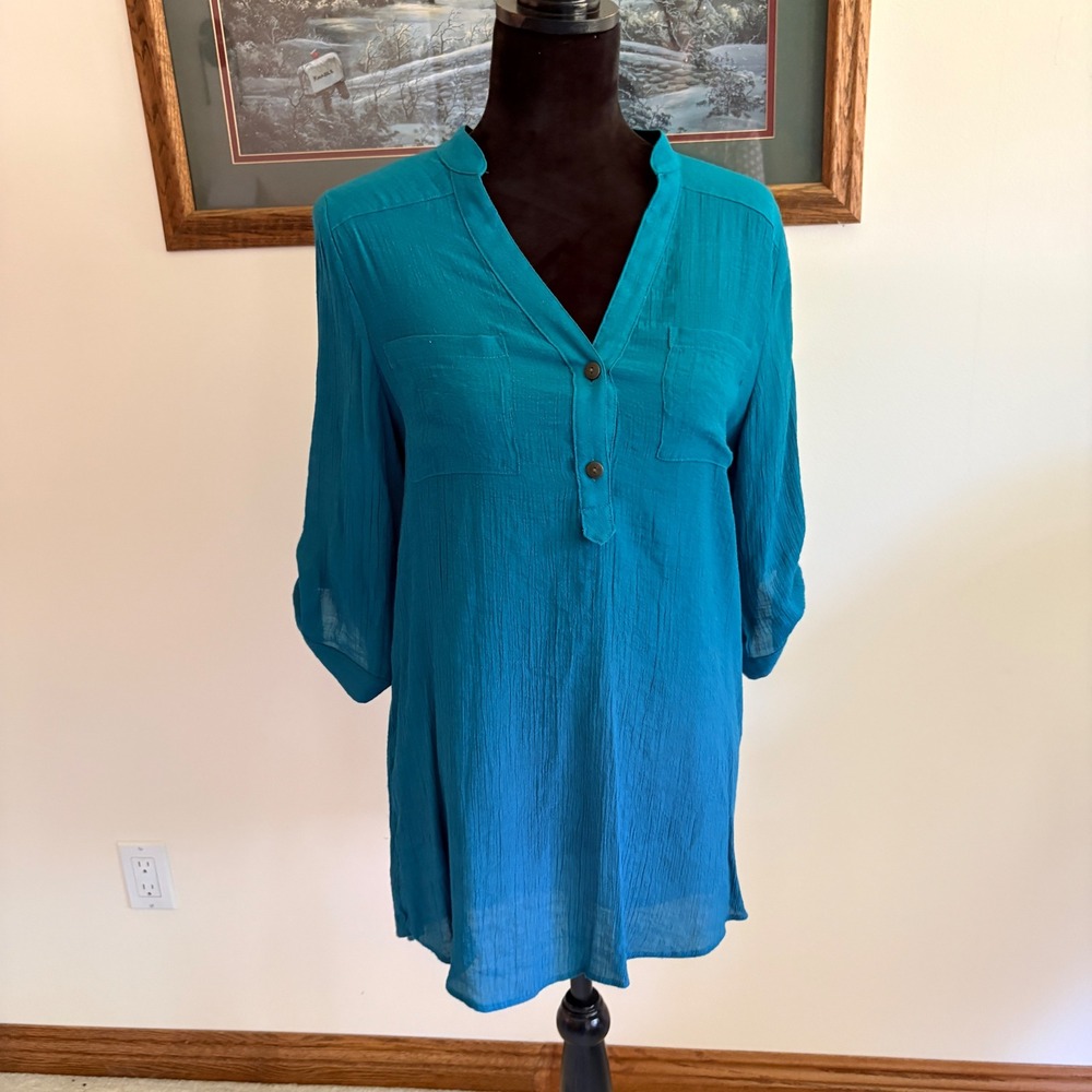 Iz Byer Tunic Top Womens Large Teal Blue Roll Tab Sleeve Textured Gauze Blouse